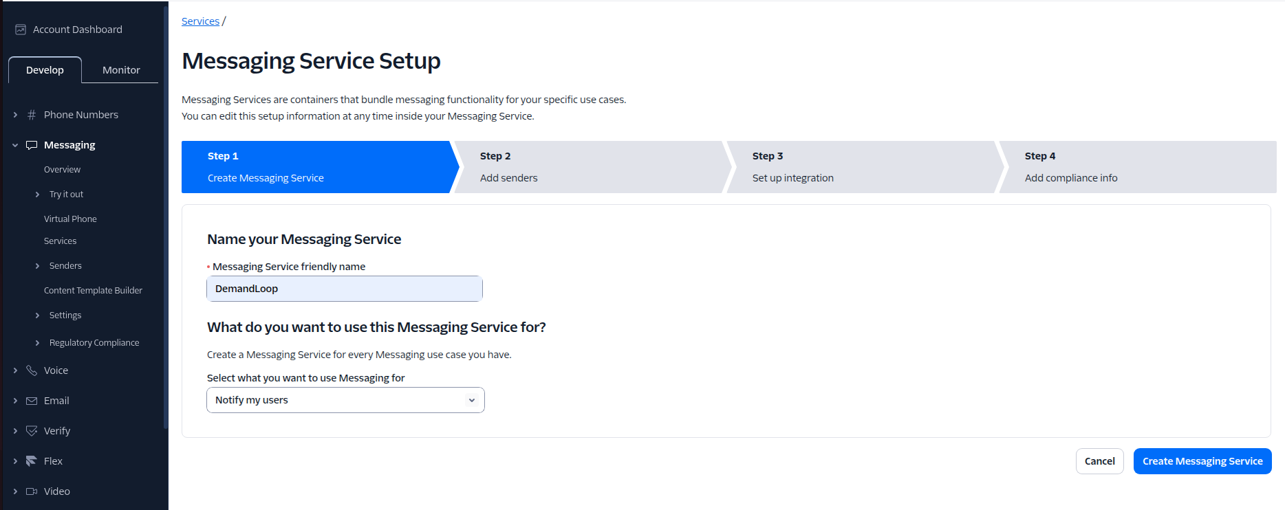 Screenshot: Twilio Messaging Service Setup — Step 1: name and use case